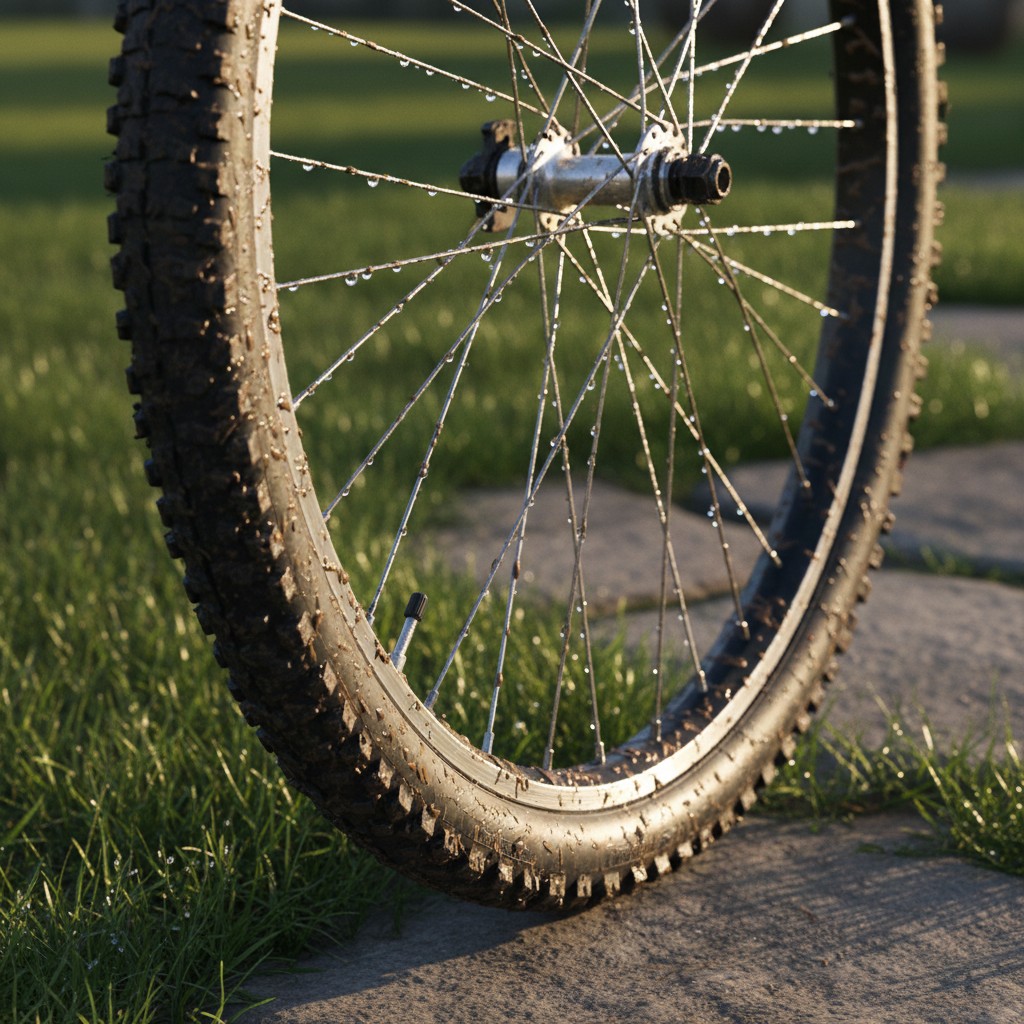 A mud-covered bicycle wheel with water droplets and rain on a gray concrete path in a grassy field.