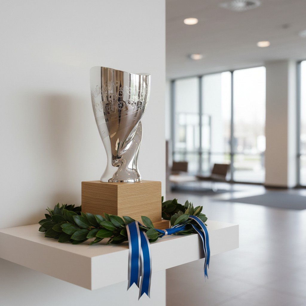 A silver trophy engraved with the words "Eurosport," rests upon a wooden base, adorned with greenery and two blue and silv...