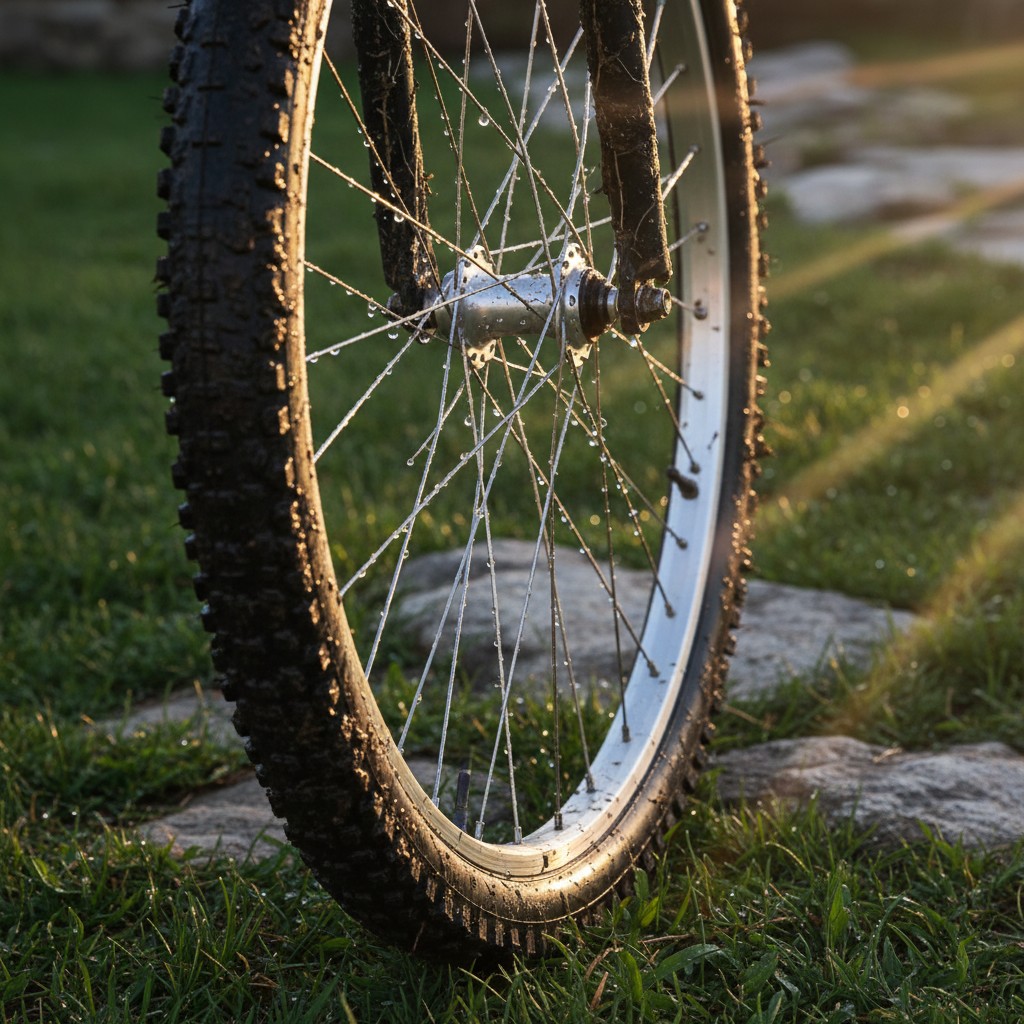 Dirty bike tire with water droplets on spokes and mud on tire, photographed outdoors on grassy area.