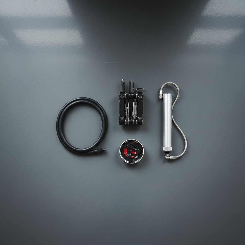 The alt text for the image, which is a photograph of a silver metal bicycle pump and a black portable repair kit on a gray...